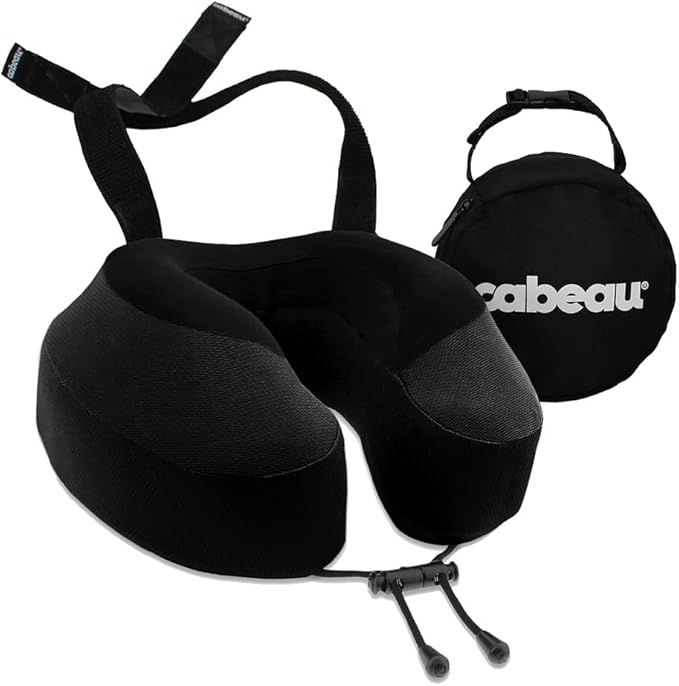 Cabeau Evolution S3 Airplane Travel Pillow for Long Flights - Supportive Memory Foam Body Positioner with Seat Straps to Secure Your Head and Neck and Provides 360 Support (Jet Black) by Cabeau