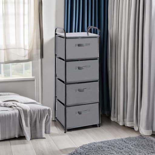 MAX Houser 4 Drawer Fabric Dresser Tall Storage Tower, Dresser Chest with Wood Top, Vertical Nightstand Side Organizer Unit with Metal Frame for Closets Bedroom Nursery Room Hallway(Leaden) | Dresser Chest with Wood Top, Vertical Nightstand Side Organi... - Image 5