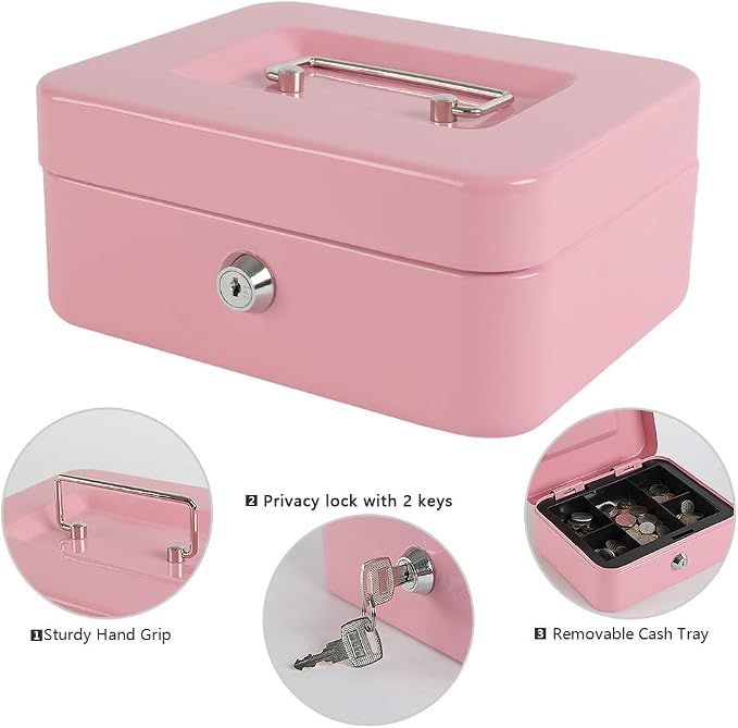 xydled Locking Steel Medium Cash Box with Removable Coin Tray and Key Lock,7.87"x 6.30"x 3.54",Pink - Image 5