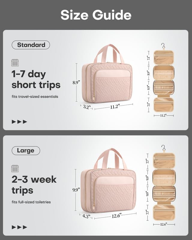 HOTOR Hanging Travel Toiletry Bag Women Men, Pale Pink, Large | Waterproof Makeup Bag Hanging Hook,Multiple Pockets,Travel Essentials,12.6 x 4.3 x 9.9inches - Image 4