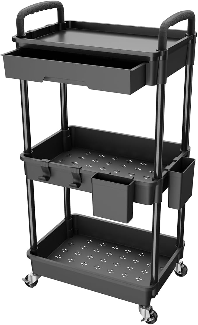 3 Tier Rolling Utility Cart with Drawer,REBECAT Utility Cart Made of Multifunctional Storage Organizer Tool for Kitchen,Bathroom,Living Room,Office(Black) by Unknown