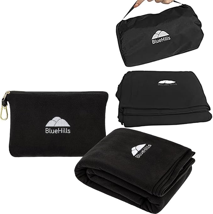 BlueHills Ultra Compact and Compact Light Travel Blankets for Two Value Pack Set of 2 – Airplane Travel Essentials Soft Flight Trips Throw in Portable Cases for Car Plane Travel Gifts – Black by BlueHills