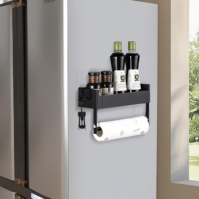 Magnetic Spice Rack for Refrigerator with Paper Towel Holder, Magnetic Spice Organizer Shelf for Small Kitchen Storage, Space Saver Container for Apartment, Black - Image 4