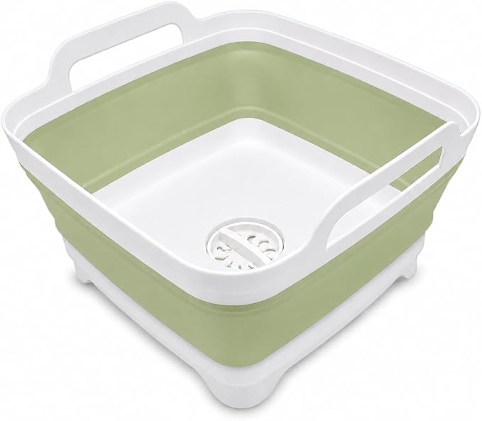 2.4 Gal(9L) Collapsible Dish Basin with Drain Plug, Space Saving Outdoor Multiuse Foldable Sink Tub, Dishpan, Kitchen Storage Tray for Camping, Vegetable Washing, RV (Green) by Goderewild