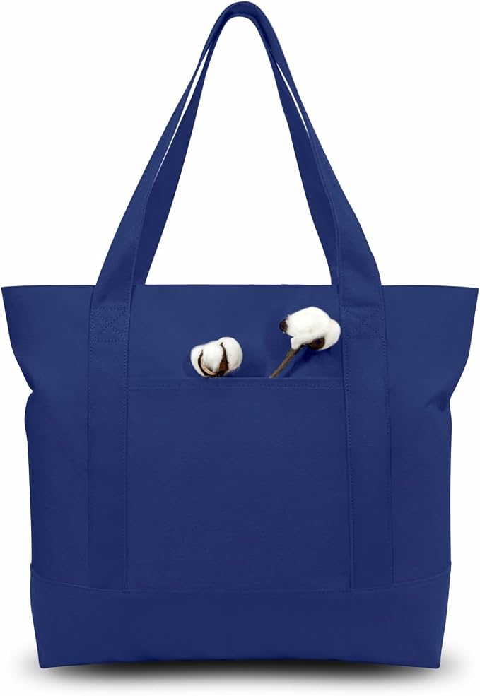 TOPDesign 3-Pack Canvas Tote Bags with an External Pocket, Reusable Grocery Shopping Bags, Top Zipper Closure, Daily Essentials (Blue) by TOPDesign