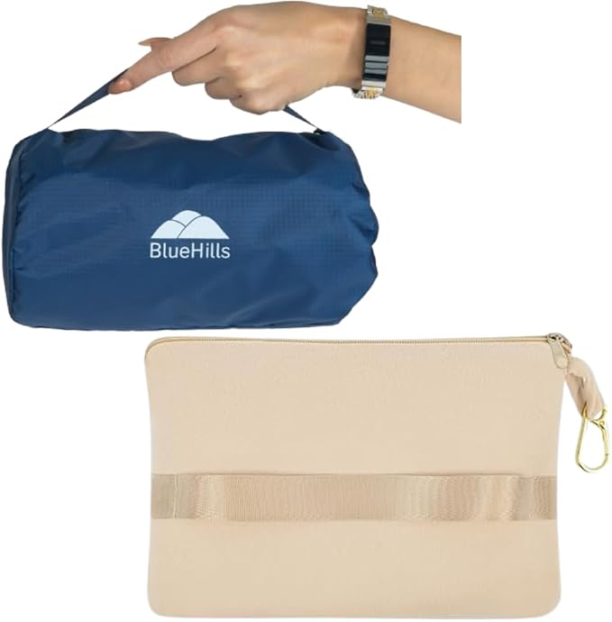 BlueHills Ultra Compact Travel Blanket Pillows Lightweight for Two Airplane Traveling Essentials Flight Throws in Bag case with Backpack Clip Compact Large Plane Accessories – Navy Blue and Beige by BlueHills