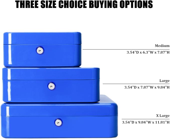 Jssmst Large Cash Box with Key Lock - Durable Metal Cash Box with Money Tray, 11.81 x 9.84 x 3.46 inches (X-Large, Blue) - Image 4