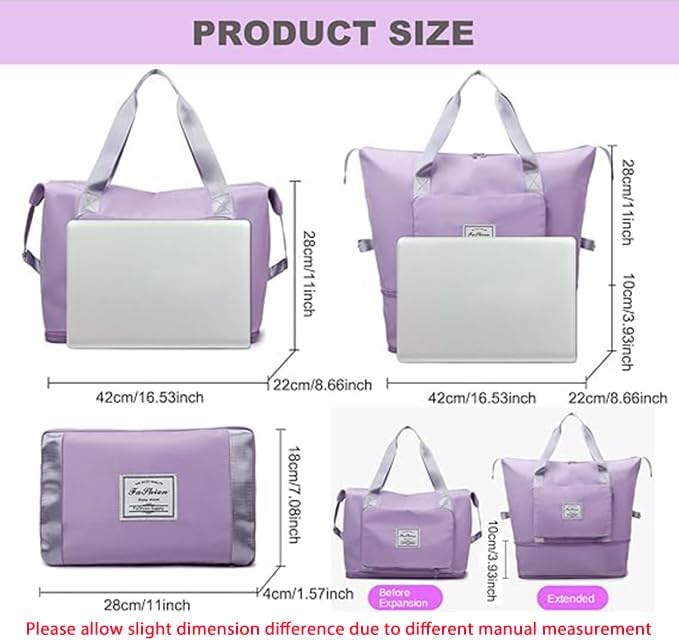 Large Capacity Folding Travel Bag, Lightweight Waterproof Luggage Bag, Expandable Travel Duffel Bag, Dry Wet Separated Gym Tote Bag, Weekender Overnight Bags for Women and Man (Light Purple) - Image 3