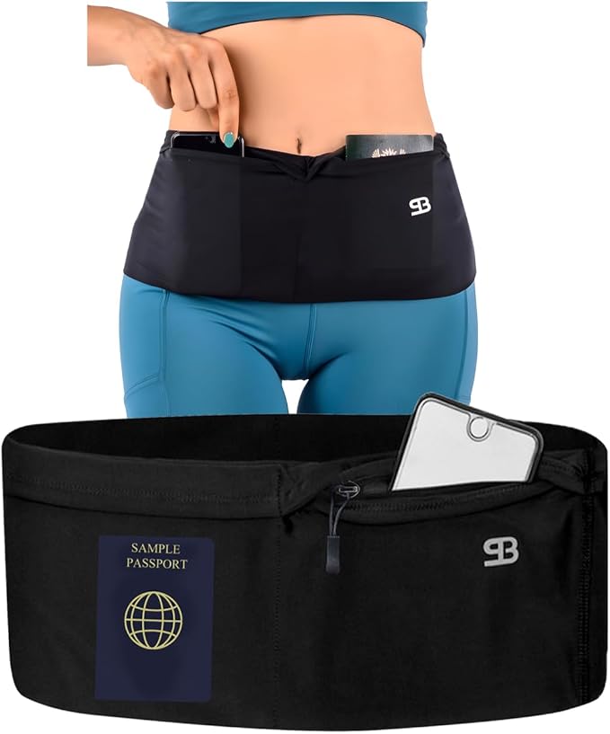 Running Belt Money Belt 4-Pocket Phone Holder | No-bounce Fanny and Waist Pack, 4 Large Security Pockets and Zipper, Fits All Size Phones Travel Documents and Passport by Stashbandz