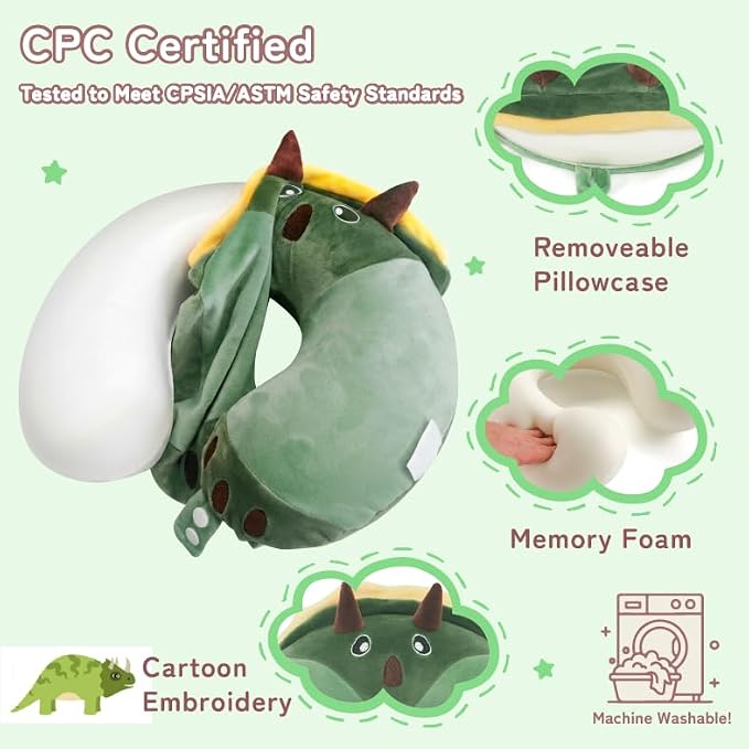 Kids Travel Neck Pillow for Ages 3-8 with Memory Foam, Dinosaur | Removable cover, 13 in neck size, machine washable, hidden zipper, head and chin support, car seat and airplane use - Image 3
