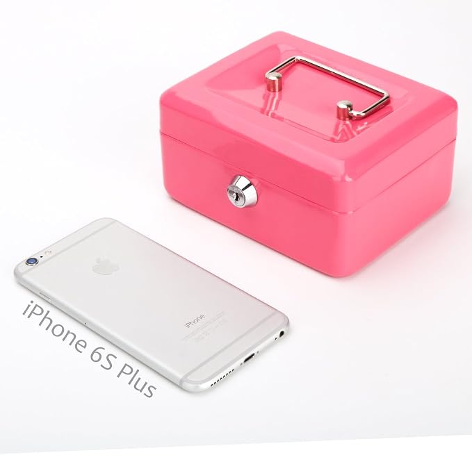 Decaller Small Cash Box with Key Lock, Double Layer Metal Money Box for Home Security, Portable Locking Box, 5.9" x 4.7" x 3.2", Pink - Image 8
