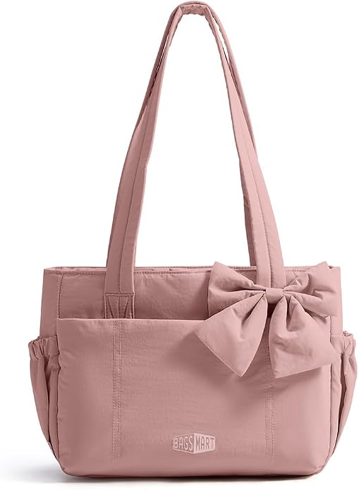 BAGSMART Crush Bow Tote Bag for Women, Puffer Travel Work Yoga Laptop Bag | Large Bow Tote Fits 40oz Tumbler, 15.6" Laptop, Yoga Mat Sleeve, Waterproof Pocket, Travel Work Swim Gym Mom Shoulder Handbag by BAGSMART