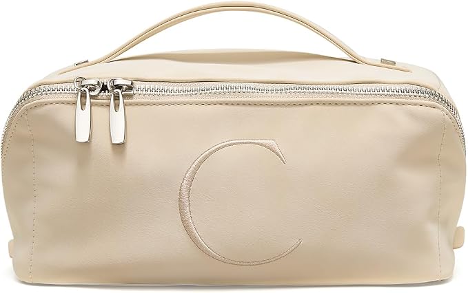 EACHY Travel Makeup Bag for Women, Personalized Initial C Cosmetic Bag | Personalized flat-open organizer with inner pockets, clear TPU brush pocket and reinforced handle for makeup and travel by EACHY