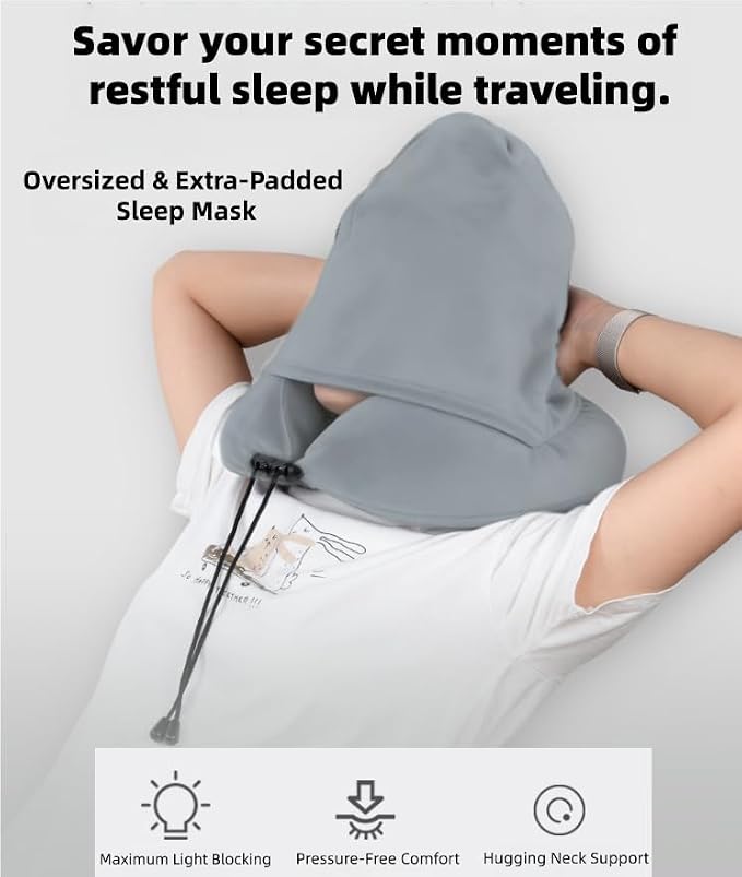 Travel Neck Pillow with Extra Large Hood Rollable Airplane Hooded Neck Pillow with Memory Foam Filling and Removable, Skin-Friendly Cover with Carrying Case & Pouch (Velvet) - Image 3