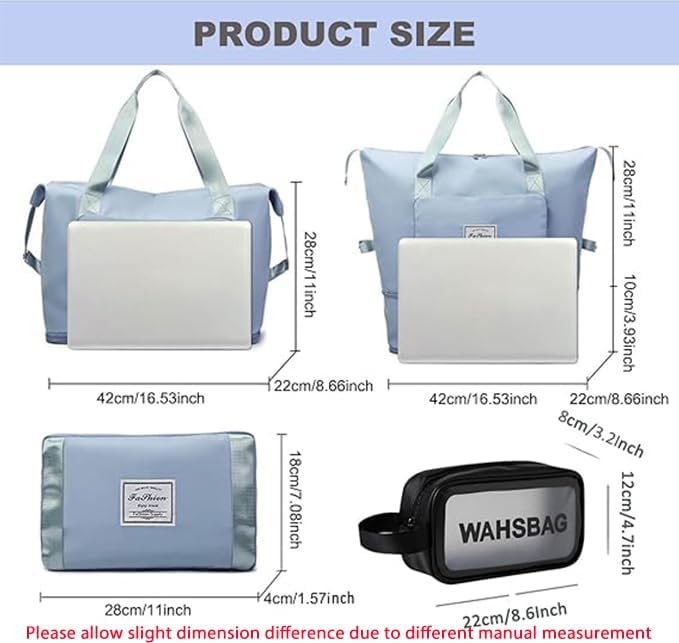 Large Capacity Travel Bag, Foldable Travel Bag, Expandable Travel Duffel Bag, Collapsible Waterproof Large Capacity Travel Handbag, Overnight Bag for Women and Man (Blue+Toiletry Bag) - Image 3