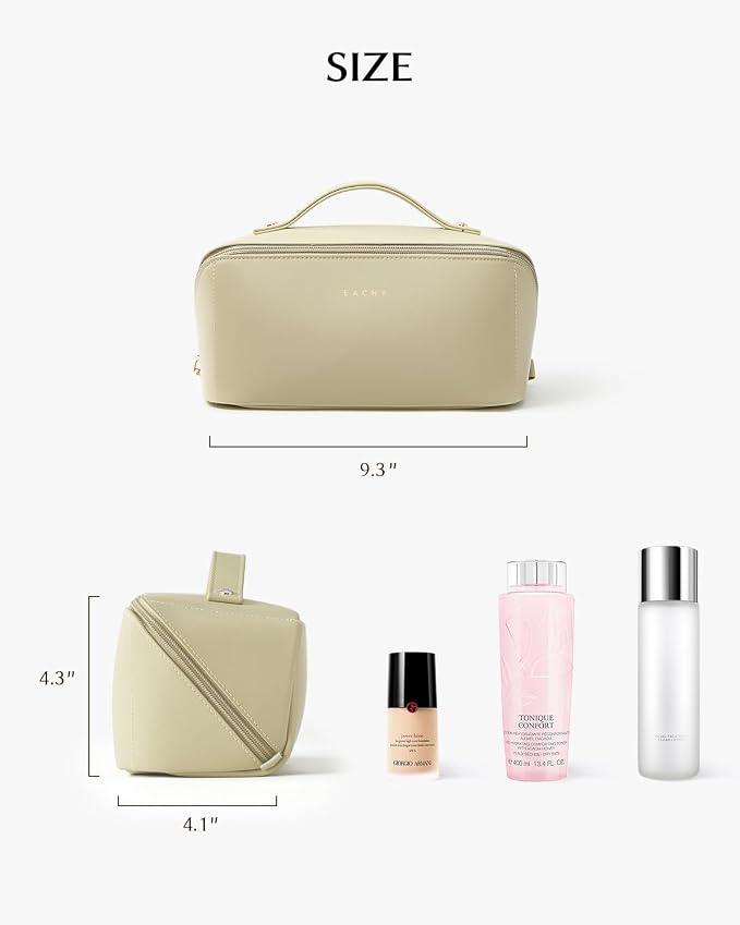EACHY Travel Makeup Bag for Women, Flat Open Cosmetic Bag, Green, Medium | Flat-open cosmetic organizer with pockets and clear TPU brush compartment for makeup, toiletries and travel essentials - Image 4