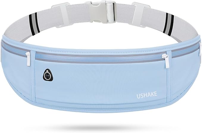 USHAKE Slim Running Belt, Workout Fanny Pack for Men Women,Exercise Waist Pack for Apple iPhone Holder, Runner Belt for Running Walking Cycling Camping Gym Light Blue by USHAKE