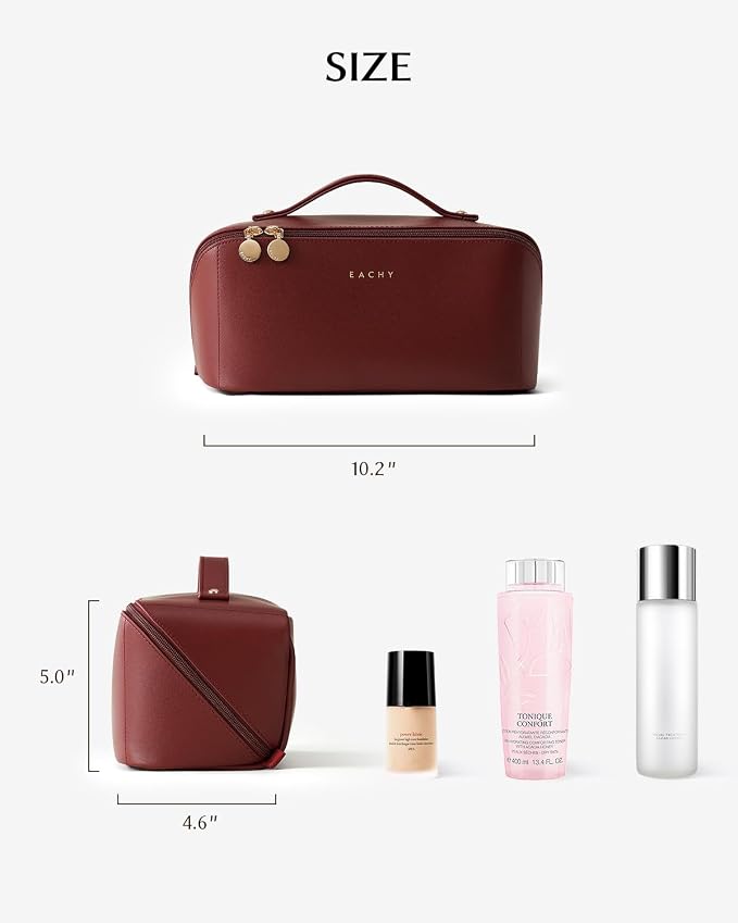 EACHY Travel Makeup Bag for Women, Flat Open Cosmetic Case, Red, Large | PU leather organizer with flat-open access, storage pockets and clear TPU brush compartment for daily makeup and toiletries - Image 4
