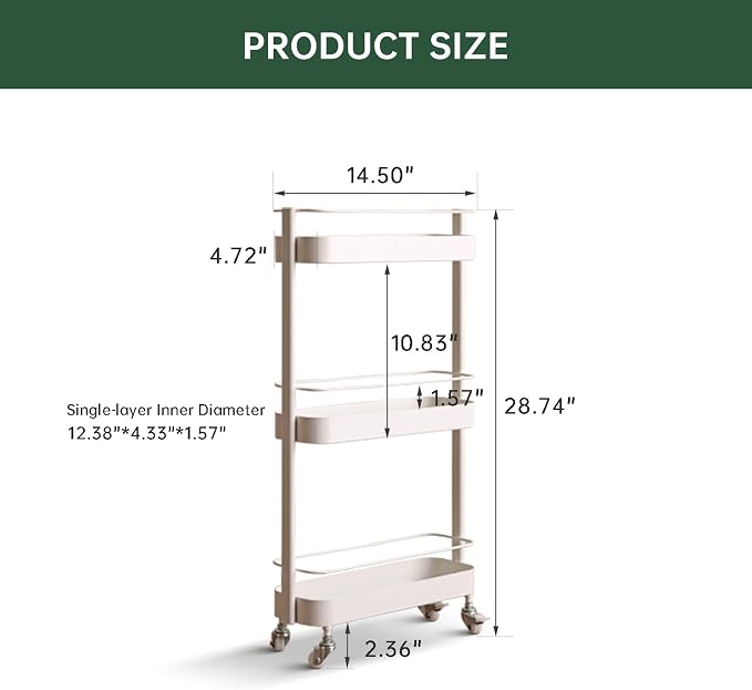 Narrow 3 Tier Rolling Cart, Slim Storage Cart for Bathroom Kitchen | 3 spacious tiers, durable carbon steel frame and smooth swivel wheels provide flexible storage and easy mobility. - Image 3