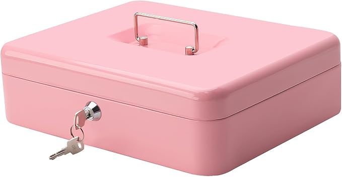 Jssmst Large Cash Box with Key Lock - Durable Metal Cash Box with Money Tray, 11.81 x 9.84 x 3.46 inches (X-Large, Pink) by Jssmst