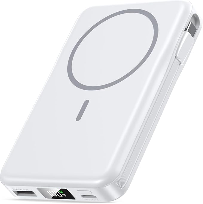 Magnetic Portable Charger 10000mAh, 20W Power Bank with Built in Cable | 20W Fast Charging for Magsafe Battery Pack with LED Display, Travel Essential for iPhone 17/16/15/14/13/12 Pro/Pro Max-White by Unknown