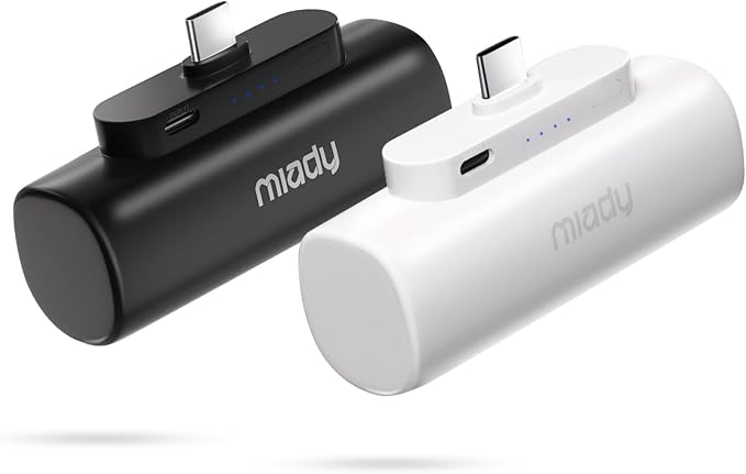 Miady 2-Pack Mini Portable Charger Built-in USB C Connector Small PowerBank | 5000mAh丨Lightweight丨for Backpack Travel丨Compatible with iPhone 17 Galaxy Android丨Ultra-Compact丨Flight-Safe丨18Wh丨Black+White by Miady