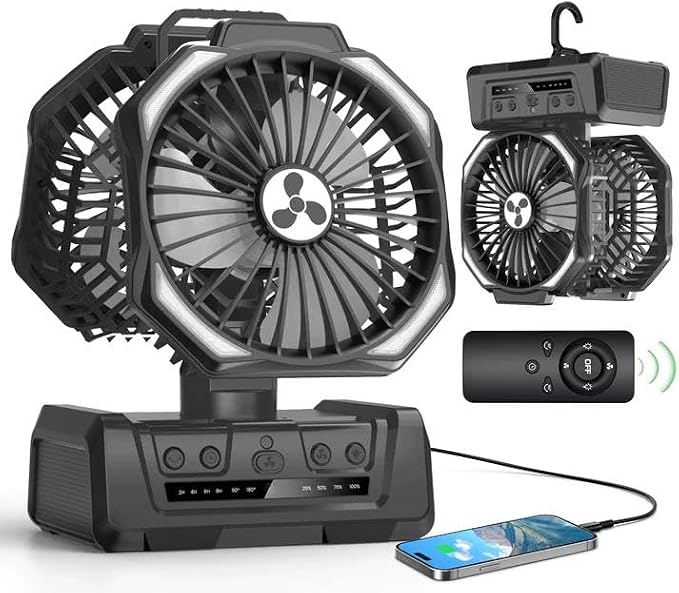 Dual Head Portable Rechargeable Fan 20000mAh Battery Powered Fan Cordless | with Dual Side LED Lantern & Remote, Auto Oscillation, Hook, Battery Operated for Tent Office Travel Camping Picnic by OnlyNewforYourLife