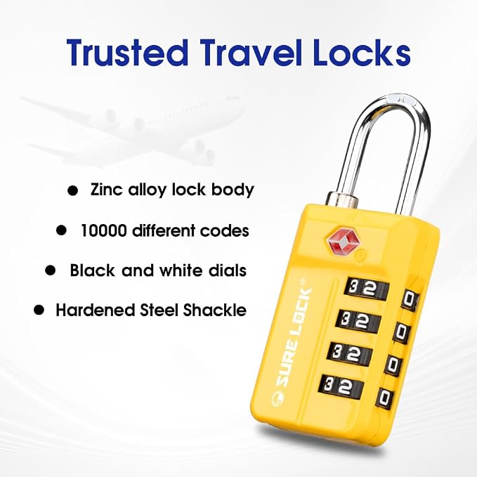 SURE LOCK TSA-Approved 4-Digit Resettable Combination Lock with Open Alert, Easy-Read Dials - for Luggage, School Lockers, Gym, Office, Toolbox & Security Cases (Yellow 2 Pack) - Image 4