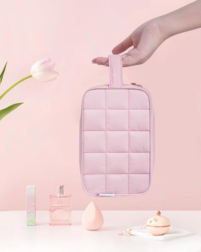 Narwey Quilted Makeup Bag Puffy Make up Bag Cosmetic Bag Organizer, Puffer Travel Toiletry Bag for Traveling Women Girls, Travel Bag for Toiletries, Skincare Medicine Bags (Pink) - Image 6
