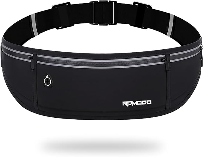 Slim Running Belt, Water Resistant Fanny Pack for Women Men, Black | 3 Pockets, Phone Holder for Running Walking Cycling, Adjustable & Reflective, Waist Bag for iPhone 17 16 15 Pro Max Samsung by RDMODO