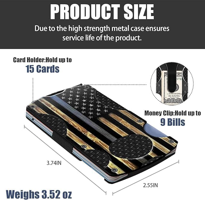 Wood Grain Blue Line American Flag Minimalist Wallet for Men | Slim RFID Aluminum Metal Wallet, Scratch Resistant & Seamless, Credit Card Holder & Money Clip, Gift for Police Officer - Image 3