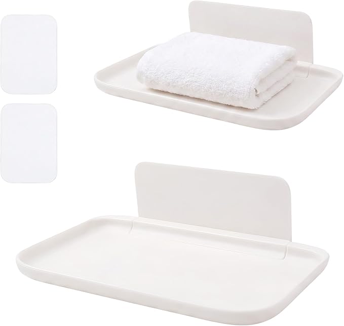 Foldable Floating Shelf, No Drill Wall Shelves, Adhesive Organizer Tray | Small White Stick on Plastic Shelf, Portable Damage Free Adhesive Shelves for Bedroom Bathroom Kitchen Office by Unknown