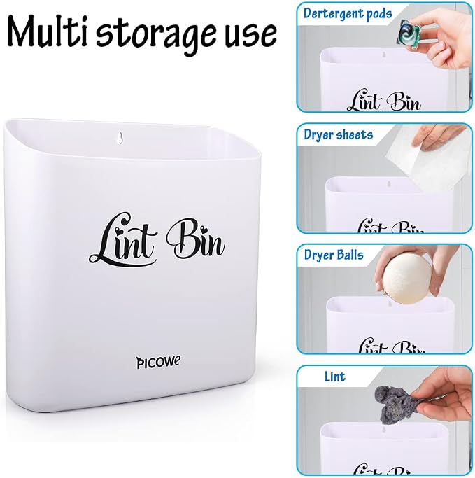 Picowe Magnetic Laundry Storage, Large Lint Holder Bin for Laundry Room, Space-Saving Trash Container Hanging on Dryer, Washer or Wall Mount (Gray White) - Image 4