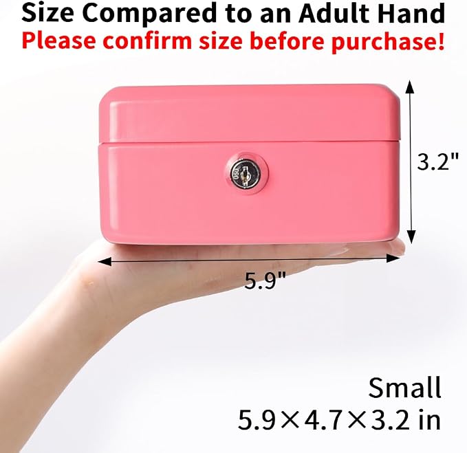 Decaller Small Cash Box with Key Lock, Double Layer Metal Money Box for Home Security, Portable Locking Box, 5.9" x 4.7" x 3.2", Pink - Image 5