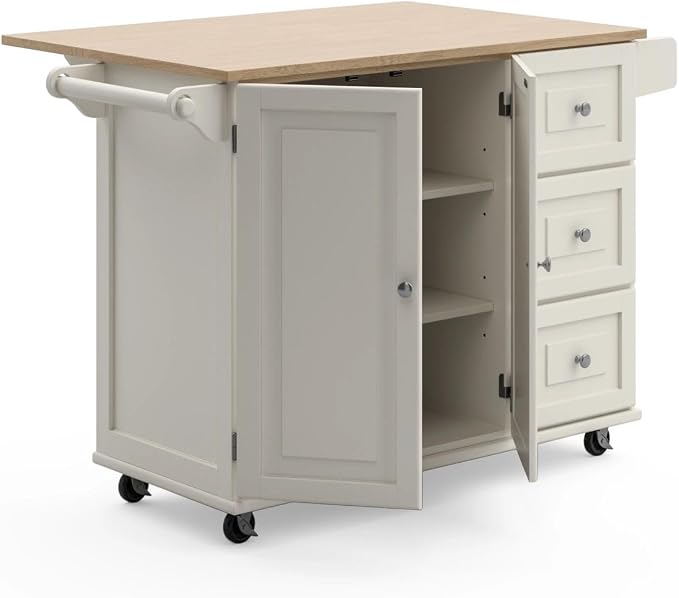 Homestyles Dolly Madison Off-White Mobile Kitchen Island Cart with Wood Drop Leaf Breakfast Bar - Image 12