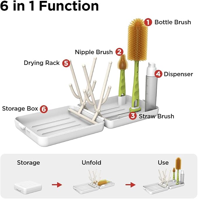 Travel Bottle Cleaner Kit with Foldable Bottle Drying Rack, White | Auto-Open Rack & Vertical Brushs Drying Slots, 3 Silicone Brushes, Foldable Drying Rack, Dispenser, BPA Free. - Image 3