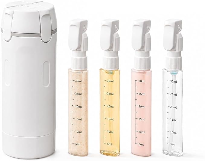 4 in 1 Travel Dispenser Bottle, Leak Proof Refillable Travel Toiletry Containers, Travel Bottles Set Meets TSA 3-1-1 Requirements for about 3 Days Business Trip (Per Person), 4 x 30ml, White by PIQOLA