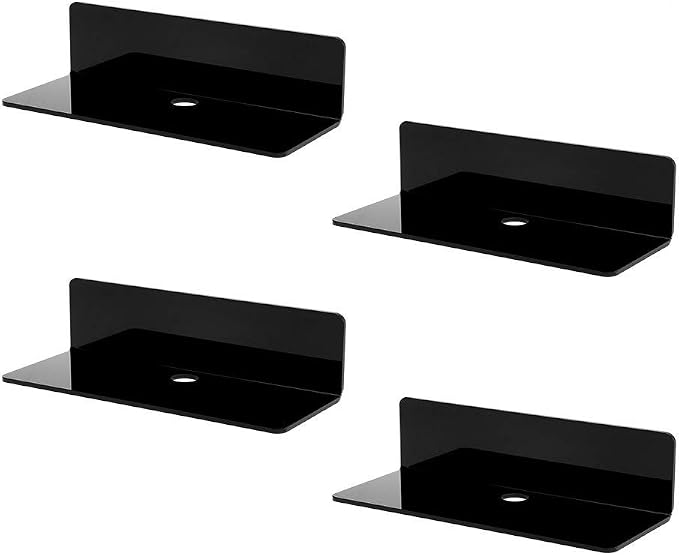 4 PCS Small Acrylic Floating Wall Shelves,9 Inch Adhesive Display Shelf for Nintendo Switch/Smart Speaker/Security Cameras/Action Figures,No Damage Expand Wall Space,Black by IEEK