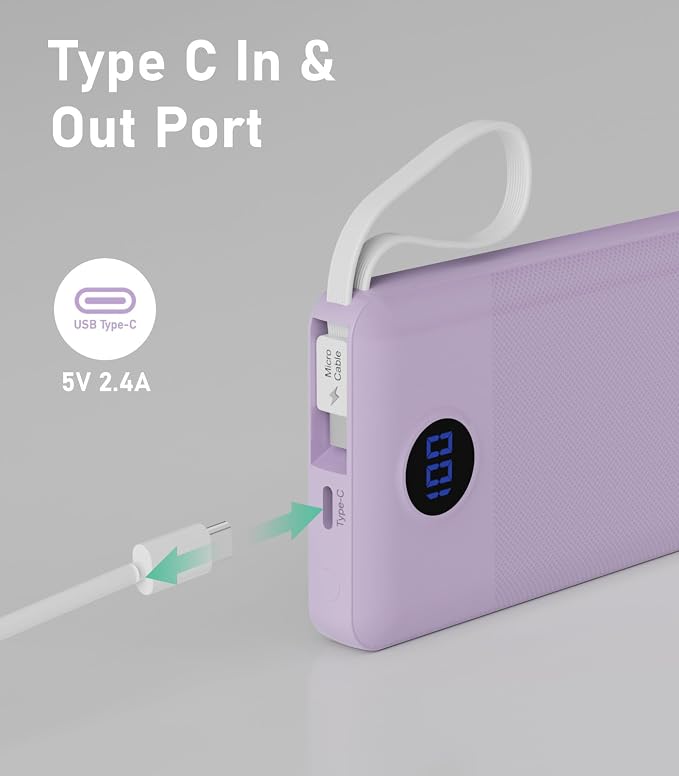 Portable Charger with Built in Cables, Slim 10000mAh Power Bank, USB C Battery Pack Travel, 4 Output 2 Input External Charging Bank for iPhone 17/16/15/14/13,Samsung, Android, etc-Purple(1 Pack) - Image 6