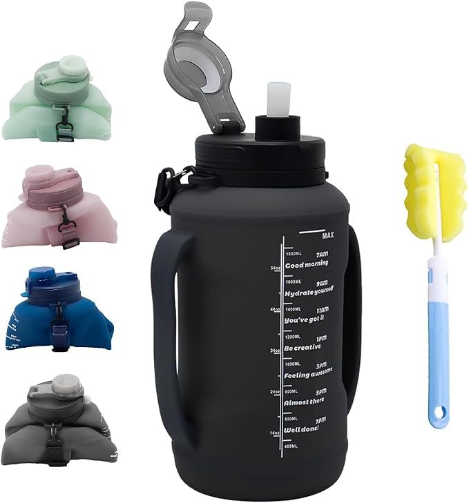 64oz Collapsible Silicone Water Bottle with Straw, BPA-Free, Foldable Travel Bottle Portable for Gym, Hiking, Camping (Black) by Unknown