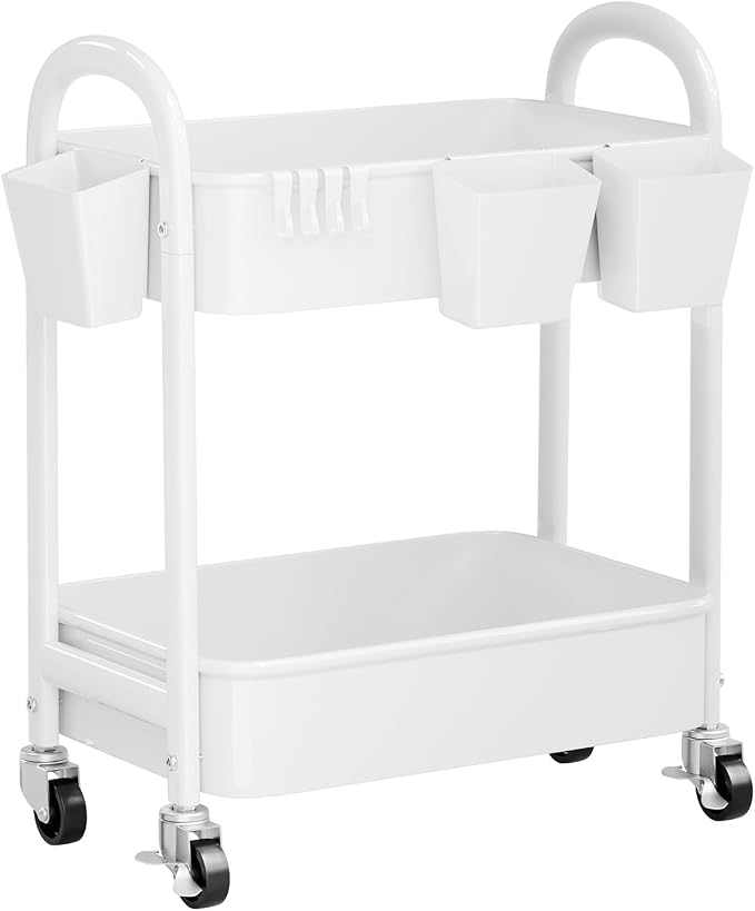 2 Tier Rolling Cart Metal with Wheels,White Under Desk Storage Roller Carts | Two Tiered Short Shelf Trolley, Small Utility Organizer Caddy on Wheels for Dorm, Bathroom, Craft, Art, Baby, Pantry, Snack by Recximi