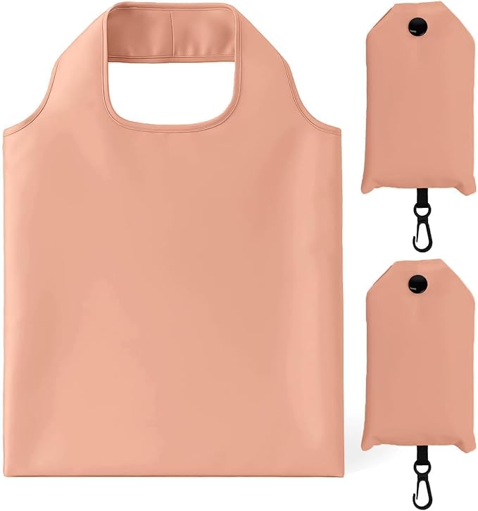 2 Pack Foldable Shopping Bag, Reusable Grocery Tote Bag, Flesh Pink | Waterproof Nylon, 35 Pounds Weight Capacity, Pocket Size Carrier by Unknown