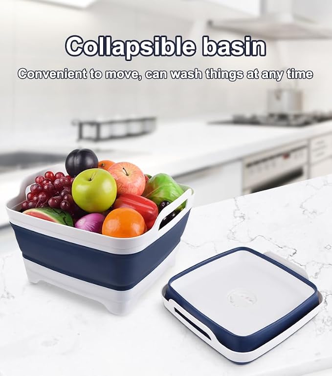 Collapsible Wash Basin 9L, Foldable Dish Tub with Drain Plug, Portable Collapsible Dish Basin, Camping Sink for Washing Dishes, Laundry & Kitchen Use (Navy Blue) - Image 9