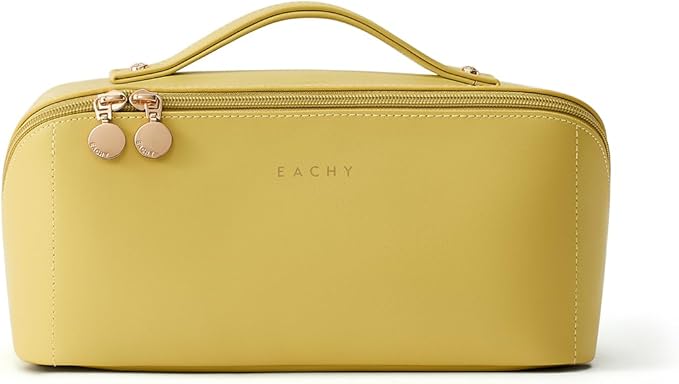 EACHY Travel Makeup Bag for Women, Flat Open Cosmetic Bag, Green, Large | PU leather organizer with flat-open access, storage pockets and clear TPU brush compartment for daily makeup and toiletries - Image 5