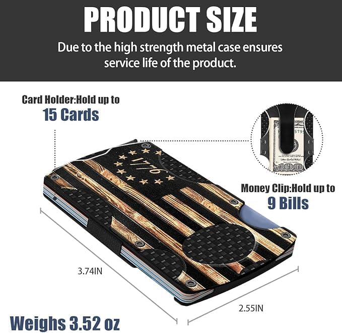 Wood Grain 1776 Flag Minimalist Wallet for Men | Slim RFID Aluminum Metal Wallet, Scratch Resistant & Seamless, Credit Card Holder & Money Clip, Holds up 12 Cards and Cash - Image 3