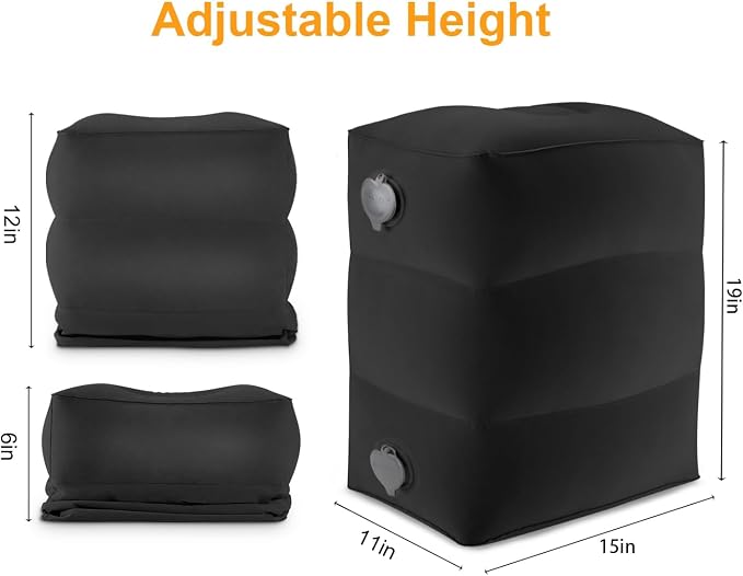 Maliton Inflatable Foot Rest Pillow, (Black, 2 Pack) | 3 Height Adjustments for Kids & Adults, Dual Valves for Quick Inflation, Creates Comfortable Foot Rest for Long Flights, Cars - Image 2