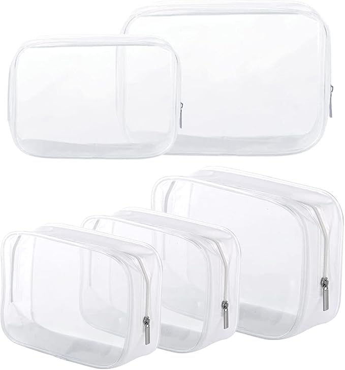 5 Pack Clear Plastic Zippered Toiletry Carry Pouch White Small/Large | TSA Approved, Portable Cosmetic Makeup Bag, For Vacation, Bathroom and Organizing by Homtable