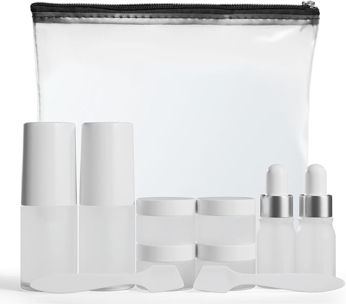 11 Piece Travel Skincare Containers Set - TSA Approved Toiletry Bag & Travel Size Toiletries Bottles - Airless Pump, Dropper Bottles & Travel Size Containers for Serums, Moisturizers, & Oils by Wondercraft