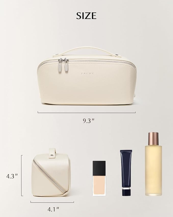 EACHY Travel Makeup Bag, PU Leather Cosmetic Bag for Women, Pearl White | PU leather organizer opens flat with two TPU brush pockets and divided storage for makeup, skincare, toiletries and travel - Image 6