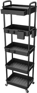 5 Tier Rolling Utility Cart with Drawer,REBECAT Utility Cart Made of Multifunctional Storage Organizer Tool for Kitchen,Bathroom,Living Room,Office(Black) by REBECAT